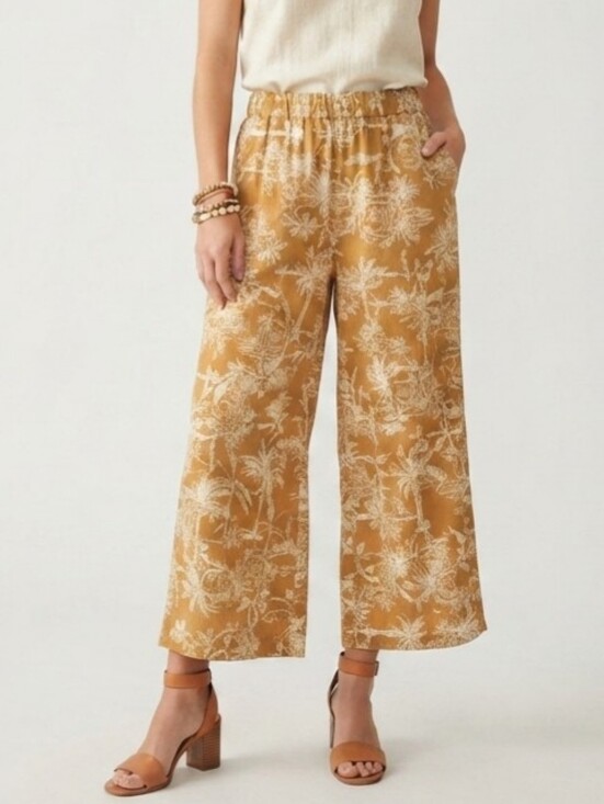American Eagle Outfitters Pants - AE Cotton Linen Women's Wide Leg Cropped Pant Mustard Yellow Palm Tree, Sz L